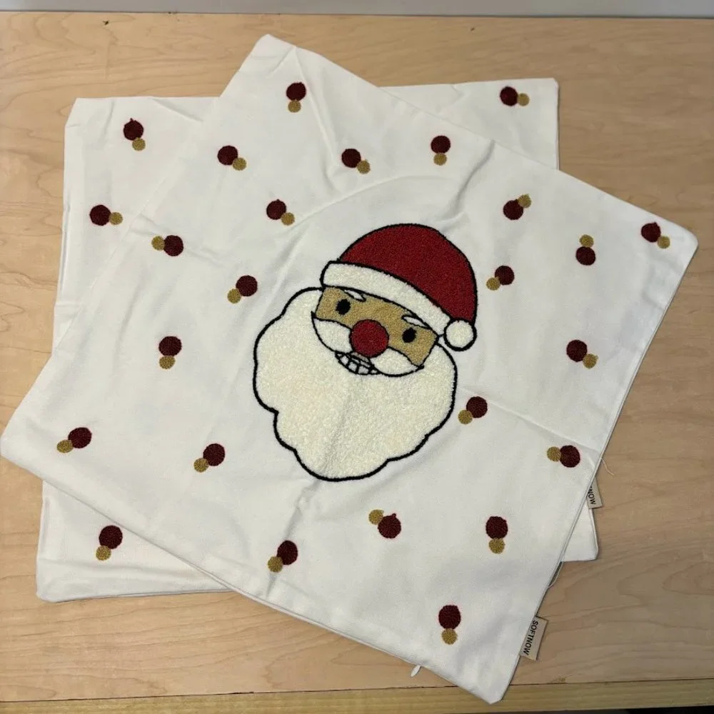 2 Pcs Christmas Pillow Covers Canvas Cotton Embroidered Santa Claus